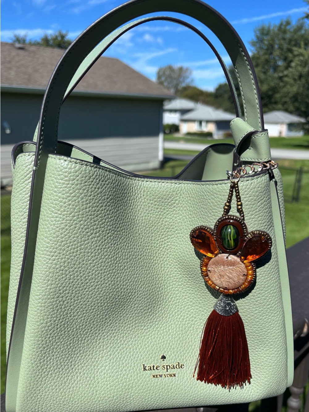Kate Spade Mint Green Pebbled Leather Shoulder Bag with Tassel Charm.  NWT